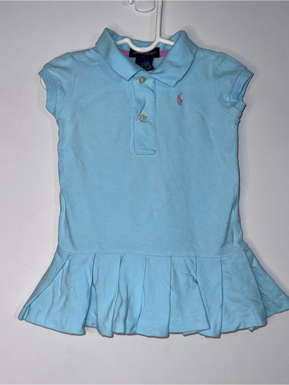 Ralph Lauren Girls Blue Polo Dress Pink Pony Pleated Hem Size 18M
